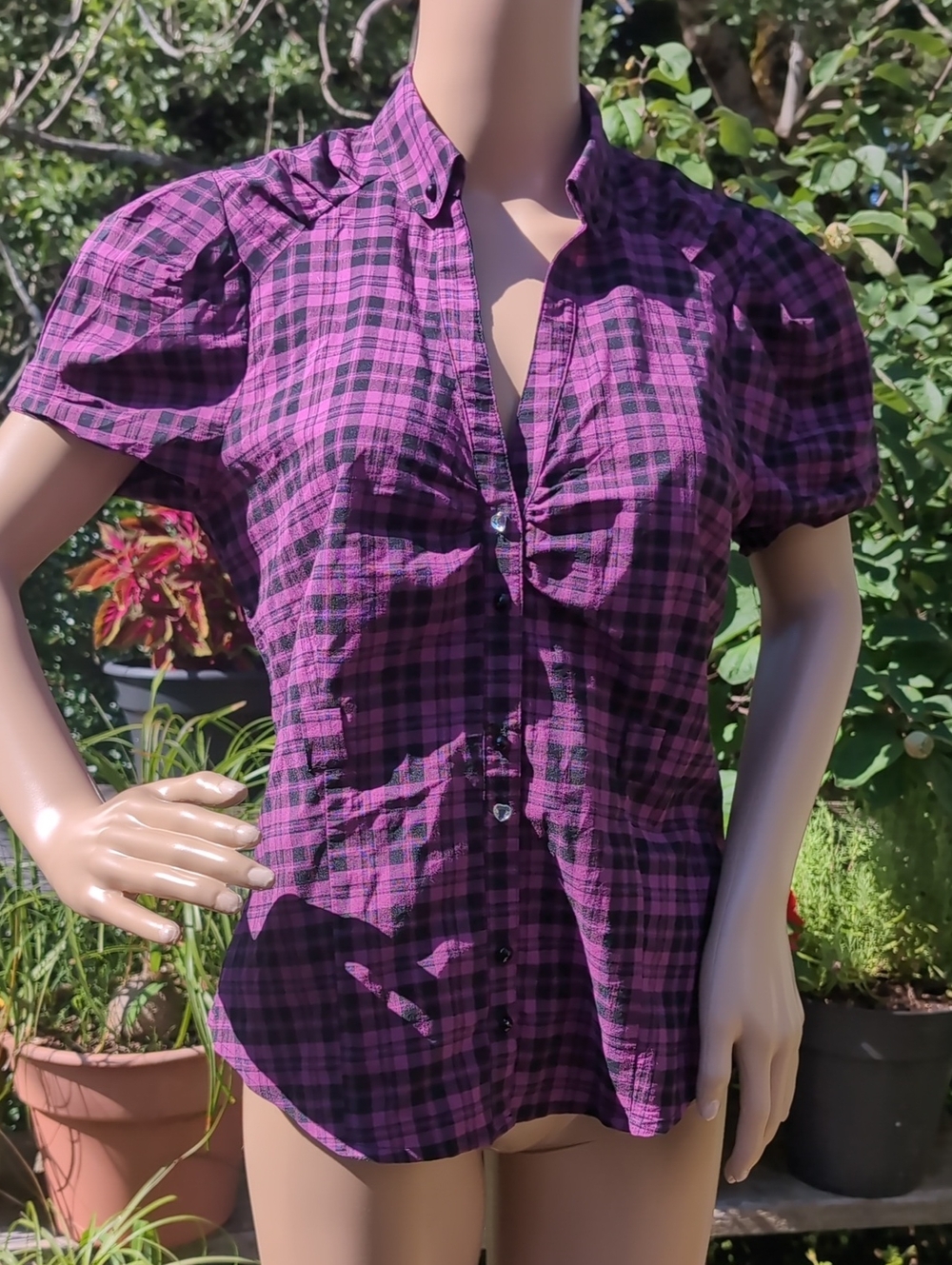Plaid Purple Short Sleeve Blouse Black And Clear Buttons Cute Sleeves